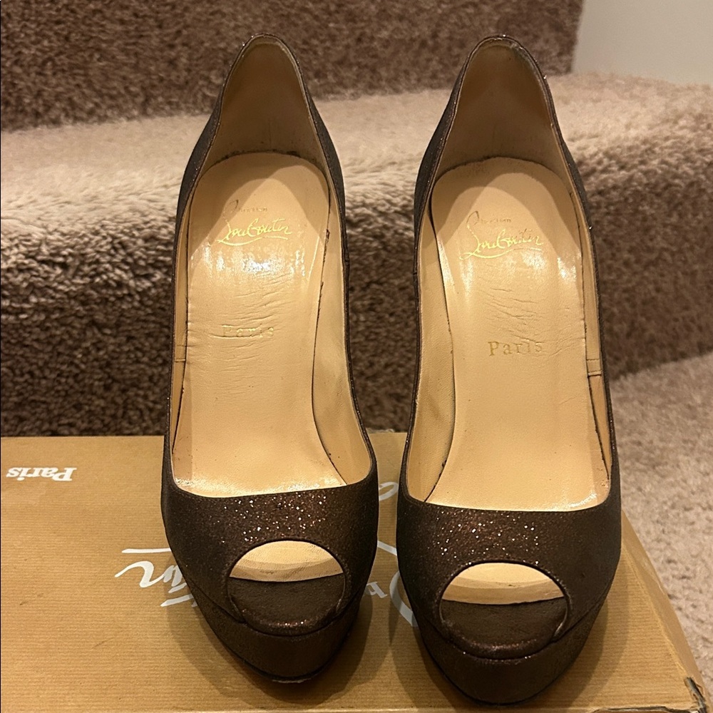 Christian Louboutin Glittery Brown Peep-Toe Heels - Picture 2 of 7